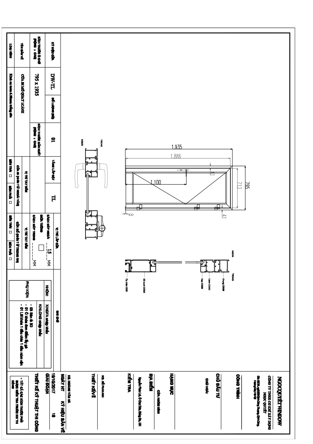 Bản vẽ kỹ thuật cửa nhôm kính mở quay một cánh kích thước 795 x 1935 mm